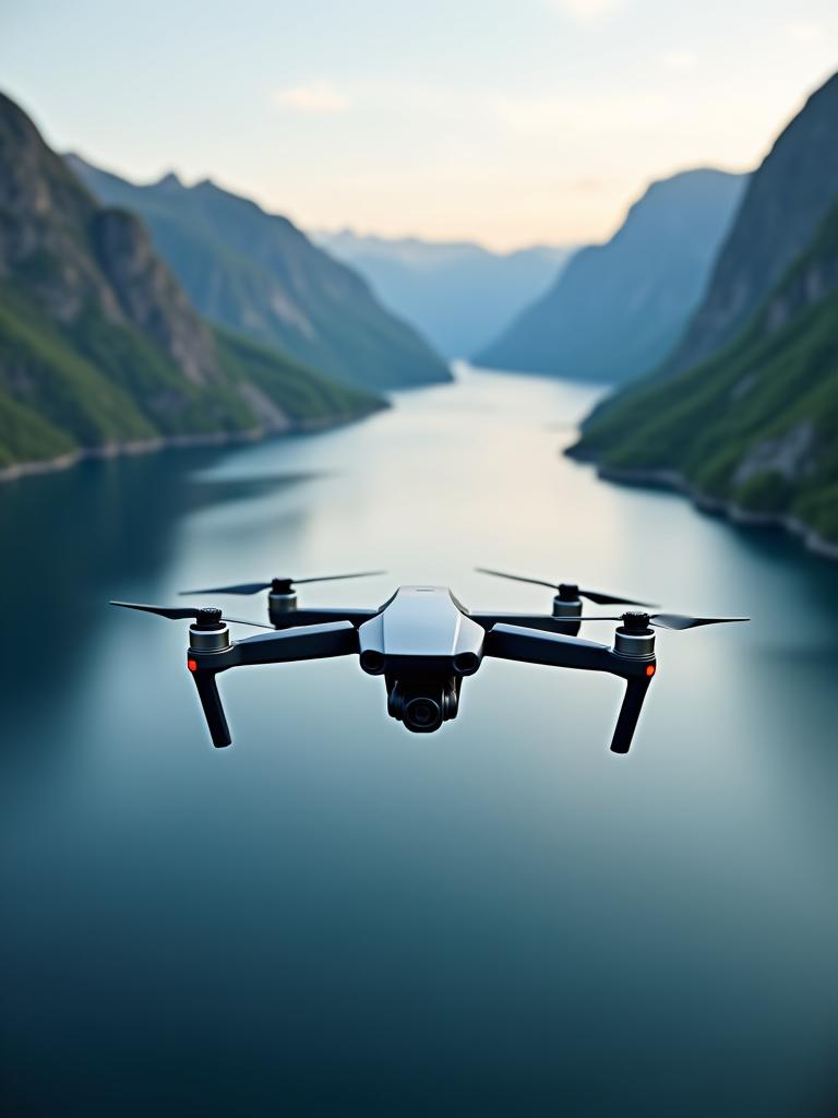 Nær bilde av en profesjonell drone i aksjon over et vakkert norsk landskap